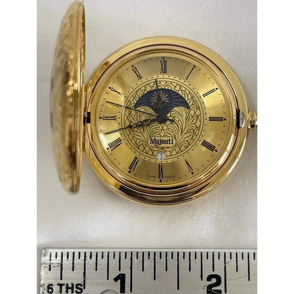 Majesti Gold Tone Sun Moon Phase Pocket Watch Swiss Parts Roman Numeral Date